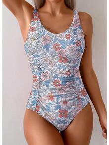 Tummy Control One Piece Swimsuit With Ruched Design - Orange Floral - View 2