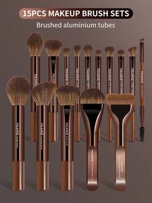 MAANGE 13/15/17/18/21件套化妆刷套装，包含14支化妆刷+1个化妆包+2个化妆海绵，包括粉底刷、腮红刷、散粉刷、眼影刷、睫毛刷、眉刷、唇刷、高光刷和遮瑕刷。化妆刷套装，旅行化妆刷套装，送给女性和女孩的礼物。 - 鏽棕色 - 查看 15