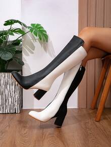 Cizme până la genunchi pentru femei, cizme de călărie versatile cu toc gros și vârf ascuțit, cizme minimaliste subțiri cu toc înalt, cizme - Alb-negru - Vizualizare 2