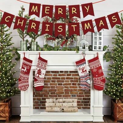 1pc,Merry Christmas Banners, Red Christmas Bunting Garland, Hanging Xmas Decorations For Fireplace Wall