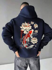 Men's Dropped Shoulder Koi Fish Pattern Casual Versatile Hoodie With Pocket, Fall, Long Sleeve Top - Navy Blue - View 1