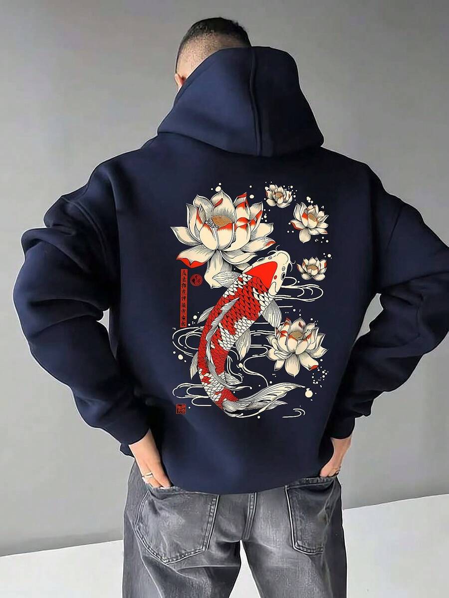 Men's Dropped Shoulder Koi Fish Pattern Casual Versatile Hoodie With Pocket, Fall, Long Sleeve Top - Navy Blue - View 1