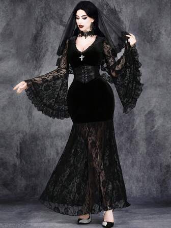 女式哥特式性感复古暗黑万圣节浪漫蕾丝拼接天鹅绒V领十字女巫袖角色扮演派对弹力连衣裙