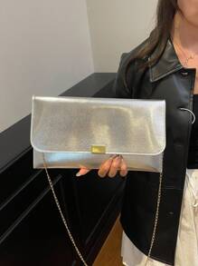 女士时尚简约百搭单肩斜跨信封包，纯色，大容量，适合购物、钱包、逛街、年轻女性、大学生、新婚夫妇、白领。非常适合办公室、大学、工作、商务、通勤、户外活动、旅行和野餐 - 銀色 - 查看 2