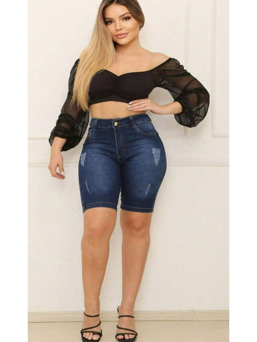 Women Denim Shorts - Rửa tối - Xem 1