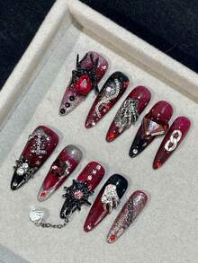 10 片丙烯酸按压指甲，长杏仁假指甲，指甲用品，红黑渐变美甲，通过蜘蛛和金属装饰增强，散发出浓郁的黑暗氛围，黑色指甲，红色指甲，适合女士在婚礼、派对、节日使用，礼品指甲工具。 - Follow Your Heart - 查看 4
