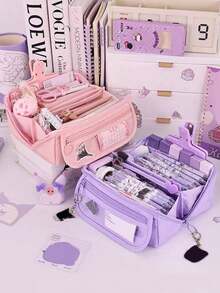 1pc New Creative Large Capacity Pencil Case, Multi-Functional Desktop Stationery Storage Box, Transparent Front Pocket, Suitable For Boys And Girls For Study And Work, Portable Pencil Bag, Great Gift, Back To School Supplies, Study Essential, Backpack, School Supplies