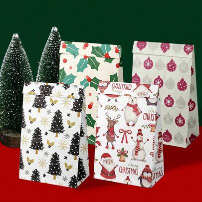 12/24 件圣诞纸质礼品袋 - 卡通节日礼品包装袋，适用于圣诞派对、圣诞惊喜，以圣诞树、雪花、圣诞老人、铃铛、驯鹿元素为特色，可重复使用，适用于生日礼物、派对礼品、储物袋、购物袋、圣诞节、圣诞装饰品、圣诞睡衣、圣诞礼物、圣诞装饰