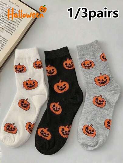 1/3 paire de chaussettes mi-mollet pour femmes avec motif citrouille d'Halloween, design décontracté, à la mode et confortable. Convient pour les fêtes d'Halloween, le port quotidien ou en cadeau, toutes saisons, automne
