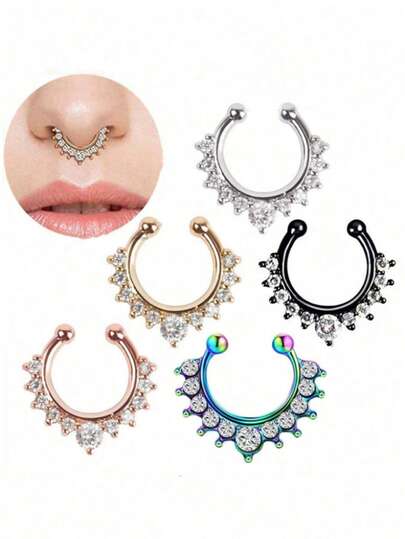5pcs/Set Personalized Metal Full Diamond Nose Ring Set Without Holes, Simple Plain Ring Nose Nail Earrings, Fashionable Jewelry Gift Suitable For Men And Women's Daily Wear