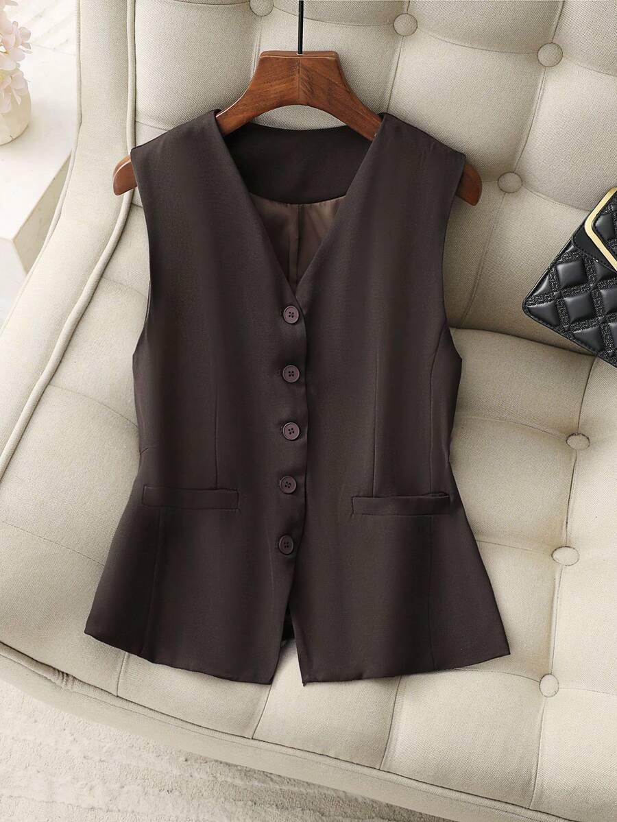 Damen neue modische und elegante Weste, vielseitig einsetzbar für Büro, Pendeln, Lässig bekleidung. Einfarbiger Webstoff, Weste mit Fake-Taschen-Design, geeignet für Büro, Date Night, Hochzeit, Urlaub, Schule, Geburtstagsfest, Reisen, Frühling/Sommer/Herbst