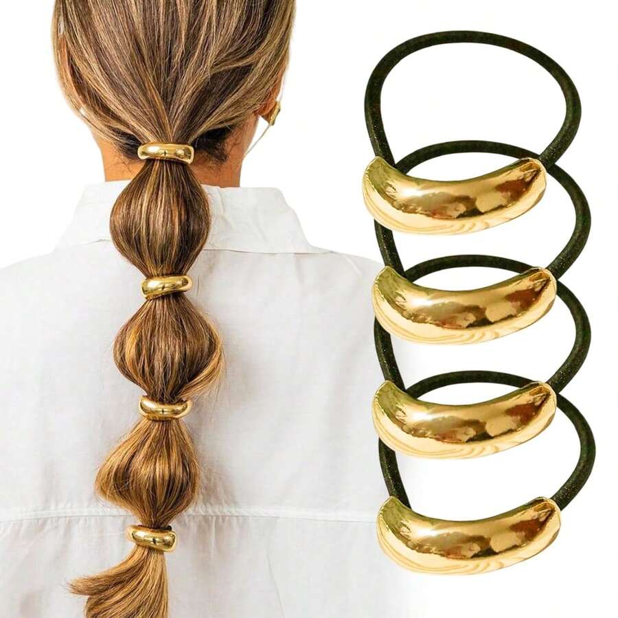 4 piezas Sujetadores de cola de caballo con niveles de metal, Set de lazos para el cabello en arco dorado, Diseño de peinado de cola de caballo con capas, Adecuado para uso diario, fiesta y vacaciones, Accesorio para el cabello, Accesorios para el cabello, Accesorios, Accesorios para el cabello para mujeres, Otoño, Viaje, Herramientas para el cabello, Accesorios para mujeres, Cosas para el cabello, Cabello rizado, Scrunchies, Scrunchie, Scrunchies para el cabello, Accesorios para el cabello rizado