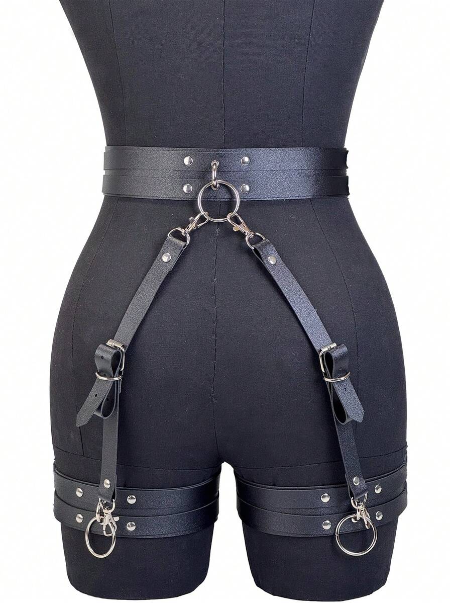1 件性感女式腿带吊袜带，宽皮革束缚内衣大腿金属扣哥特式节日狂欢装，适合万圣节情人节日常穿着