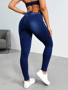 Pantalones vaqueros ajustados de tiro alto en azul oscuro con pañuelo decorativo, elegantes y versátiles - Azul lavado oscuro - Ver 2