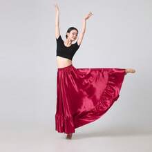 Długa rozkloszowana spódnica damska z koła - satynowa rozkloszowana spódnica w stylu boho vintage w kształcie litery A, do tańca, na imprezę, na co dzień (na cztery pory roku, na co dzień, w stylu sukni balowej)