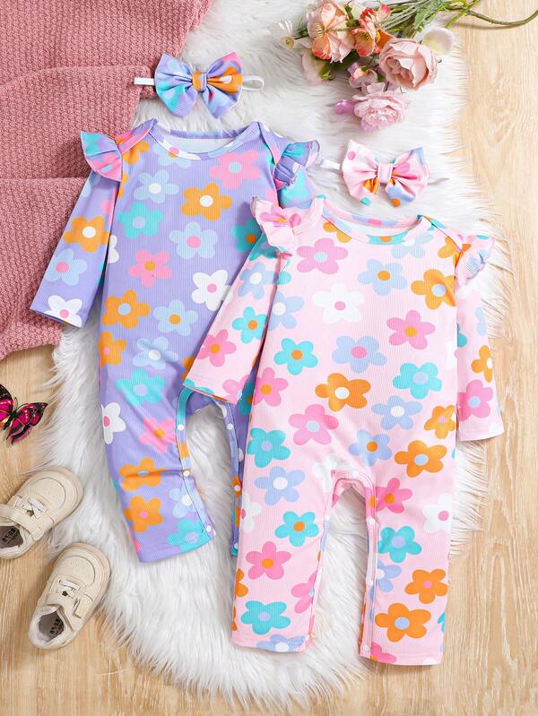 Adorable! New Autumn Baby Girls 2 Pieces Set, Floral All-Over Print In Pink & Purple, Flare Sleeve Design + Bow Headband, Suitable For Casual Daily Wear/Gift