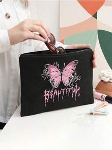 Bolso de mano con estampado de mariposas rosa estilo Y2K, equipado con bolsa de maquillaje con cremallera, bolso de lona negra para el hombro, bolso de compras casual, bolso de hombro de gran capacidad, adecuado para el trabajo, multifuncional, de múltiples propósitos, de gran capacidad, ligero, práctico, para aniversario, Navidad, vacaciones, adecuado para exteriores, ir y venir, viajes, escuela, deportes, compras, uso diario