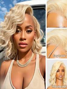 613 Curly Bob Wig Human Hair With Baby Hair 180 Density Glueless Wigs Human Hair Pre Plucked For Women 13x4 HD Transparent Deep Wave Lace Front Wigs Human Hair Soft And Smooth Ready To Wear 14inch - 金色 - 查看 3