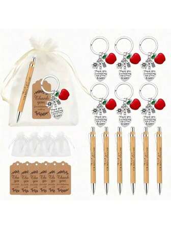 24pcs/6sets, Teacher Thanksgiving Keychain Gift Set, Including Inspirational Bamboo Pen, Keychains, Thank You Cards, Bags, Suitable For School, Graduation, Retirement And Holiday Gift Occasions Halloween Accessories Teachers Day Christmas Bag Charms Car Accessories Friend Sister Gift Ideas