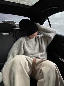 Vintage Elegant Men's Solid Color Round Neck Drop Shoulder Long Sleeve Loose Fit Sweater - Grey - View 6