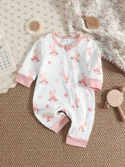 1件新生儿女宝宝可爱兔子印花长袖拉链连体衣，适合0-9个月宝宝日常穿着