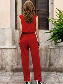 Palazzo Sin Mangas Cuello Abierto Cintura Ajustable Lazo en Cintura Corte Amplio Pierna Recta Diseño Sofisticado Estilo Refinado Casual Y Elegante Moda Mujer Moderno - Rojo - Ver 3
