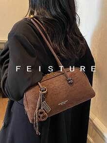 1 pieza Bolso de mujer de un solo hombro de tela retro, con colgante, cierre de cremallera, adecuado para salidas diarias, citas, ir al trabajo - Café - Ver 5