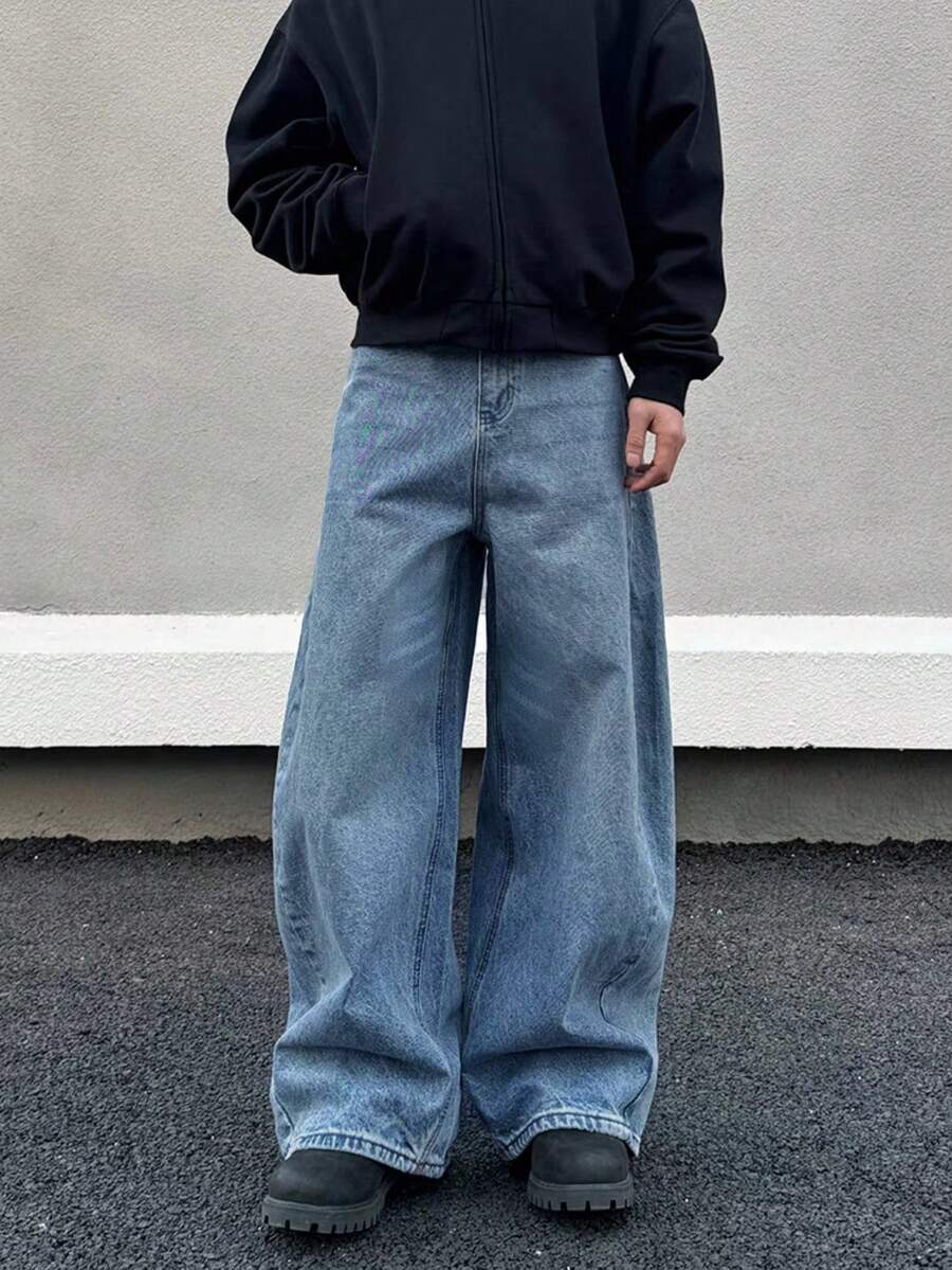 بنطلون جينز رجالي بلون أحادي مغسول بطراز Y2K، بنطلون كاجوال فضفاض بساق مستقيمة - أزرق متوسط - مشاهدة 1