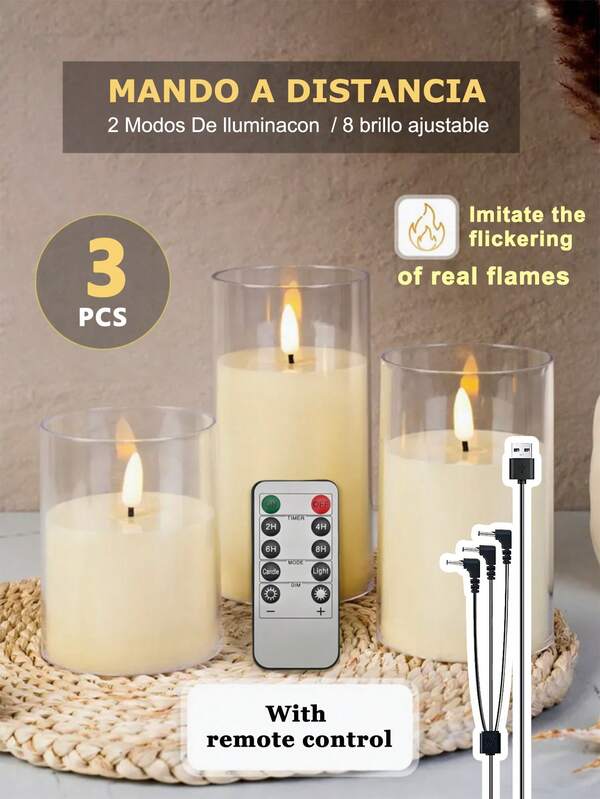 3pcs Rechargeable Flameless Candle Lights, Warm White Flameless Odorless Candles With Adjustable Brightness And Remote Control, Home Decor Creative Gift, Warm Flame, For Lanterns, Patio, Christmas, Wedding, Birthday, Home Decoration