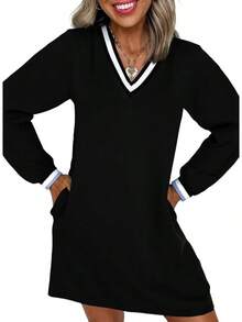 Womens Dresses 2025 Fall V Neck Long Sleeve Casual Tshirt Dress Spring Contrast Striped Sweatshirt Dresshalloween - màu đen - Xem 1
