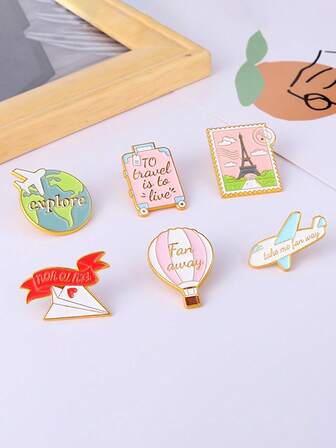 6pcs/Set Cartoon Airplane & Hot Air Balloon Design Brooch/Creative Travel Brooch Set