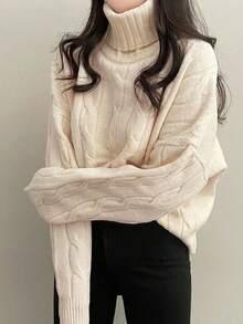 Turtleneck Sweater For Women, Loose Fit Short Style, Long Sleeve Cable Knit, Autumn/Winter - Apricot - View 4
