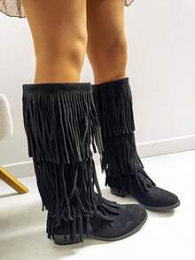 STYLEE FOOTWEAR SHOES FOR WOMEN Knee-High Boots With Layered Fringes, Modern And Bohemian Design Ideal For Autumn And Winter, Versatile Women's Footwear That Combines With Dresses, Skirts And Tight Pants, Perfect For Daily Use, Casual Events And Looks With Personality, Offering A Perfect Fit And Long-Lasting Comfort, A Current Style That Brings Movement And Distinction To Any Outfit. Estimated Delivery: 1-3 Business Days (Peninsula) - 黑色 - 查看 3