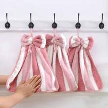 Juego de 1/3 de toallas de mano de felpa coral con rayas, lazo suave y cuerda colgante absorbente, adecuado para colgar toallas suaves y absorbentes en cocinas, baños, etc.