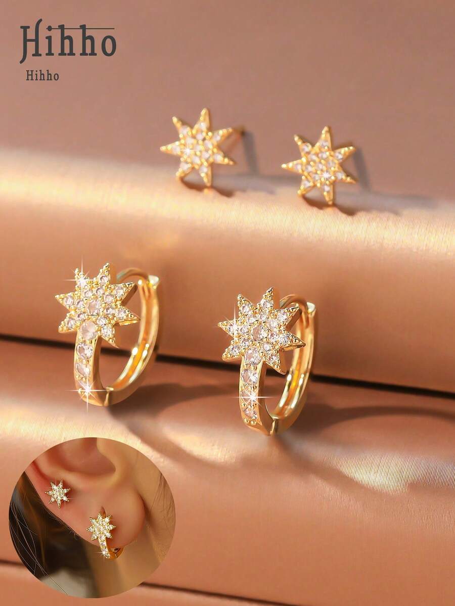 Hihho 4pcs/Set 8-Pointed Star Earrings, Creative Snowflake Cubic Zirconia Copper Earring Set, Suitable For Women, Geometric Copper Jewelry Design - Yellow Gold - View 1