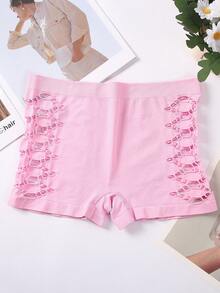 4pcs/Pack Solid Color Seamless Women's Underwear, Comfortable Breathable Geometric Hollow Mesh Sides Mid-Waist Fashionable Briefs