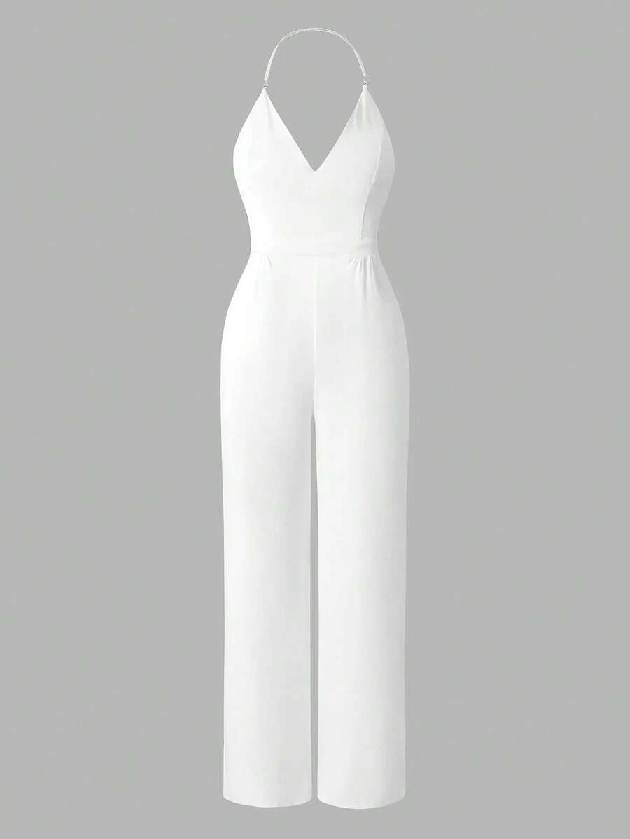 Bộ đồ liền thân bằng vải satin hở lưng thanh lịch dành cho nữ có đính nút ngọc trai