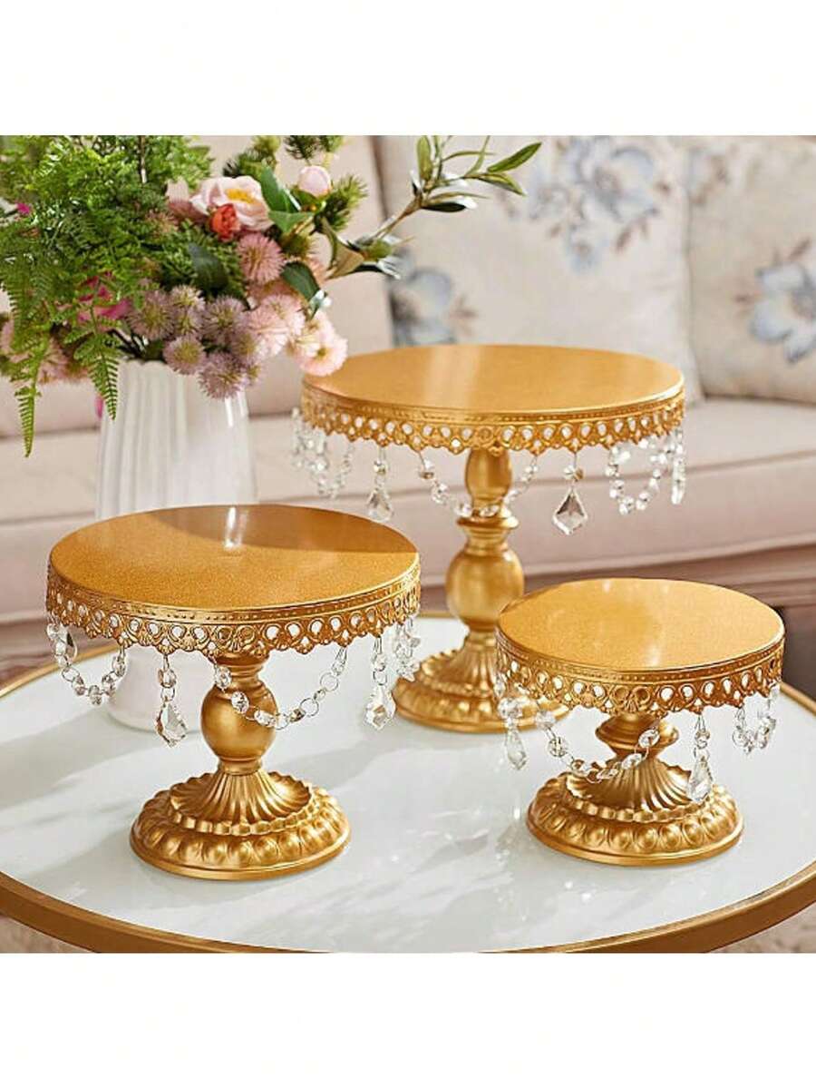 3Pcs Antique Cake Stand Set - Round Metal Cupcake Stands With Pendants And Beads - Elegant Dessert Display, For For Wedding, Birthday Party Decor, Gold/Champagne/Cream White - Vàng - Xem 1