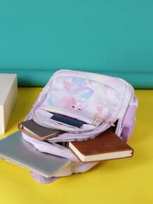 1pc Girls Mermaid & Fish Pattern Letter Patch Decor Zipper Classic Backpack - Purple - View 4