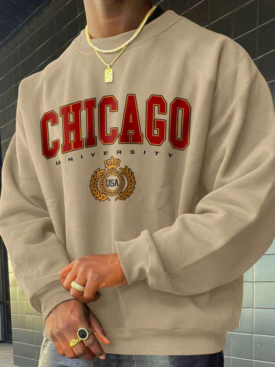 男士字母印花圆领长袖修身轻薄休闲卫衣，春秋季 - 杏色 - 查看 1