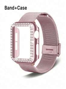 2 件兼容 表带和手表保护壳套装，官方网站原装粉色不锈钢金属 表带和粉色嵌入式珠宝闪亮钻石粉色保险杠 保护壳适用于 Watch Ultra 3/2/1、S10/S9/SE、8/7/6/5/4/3/2/1 系列，年轻、时尚、可爱、优雅、奢华女士可调节防水透气金属网 表带，水晶钻石防震闪亮 保护壳，不锈钢网状表带套装，粉色，38mm 40mm 41mm 42mm 44mm 45mm 46mm 49mm - 粉色 - 查看 3