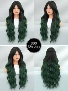 7JHH WIGS 28-Inch Extra Long Wavy Curly Wig, Ombre Green Color, Voluminous Curls With Bangs And Dark Roots, Made Of Fully Woven Synthetic Fiber, Suitable For Daily Wear, Music Festivals, Halloween Cosplay And Other Occasions, Fashionable Accessory. - 墨綠色 - 查看 6
