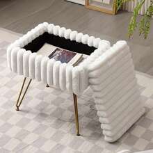 Faux Fur Vanity Stool With Storage Vanity Chair With 4 Metal Legs For Makeup Room