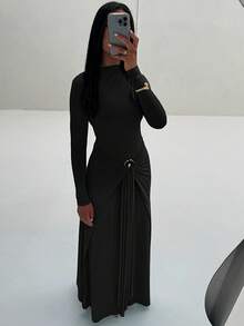 Ladies' Elegant Temperament, Decorative Ring Buckle, Solid Color, Long Sleeved, Bodycon, Tight Strap, Long Skirt