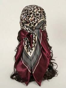 1pc Women's 90CM Fashion Scarf With Leopard Print, Satin Square Bandana Headscarf, Spring/Summer - Burgundy - View 1