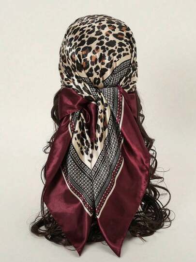 1pc Women's 90CM Fashion Scarf With Leopard Print, Satin Square Bandana Headscarf, Spring/Summer