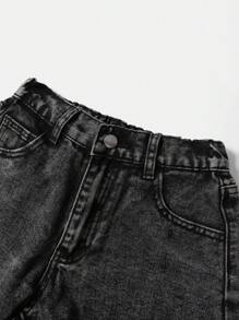 Teen Girl 20th Century Retro Vintage Washed Denim Cargo Pants With Pockets, Loose Fit Jeans Shorts/Long Pants - Medium Wash - View 3