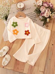 Conjunto de niña con tela de punto texturizada transparente con flores 3D en unicolor lindo - Albaricoque - Ver 1