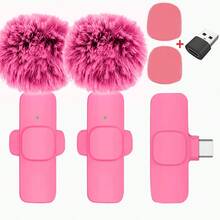 Nuevo micrófono inalámbrico rosa tipo lavalier con adaptador y paravientos, portátil para grabación de audio y video, compatible con teléfonos Android, computadoras, cámaras, transmisión en vivo, juegos, adecuado para viajes de verano, grabación de audio/video, entrevistas, juegos y transmisión en vivo, mini micrófono - Rosa Fucsia - Ver 9