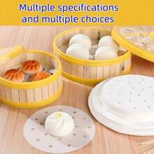 100 包 7.5/9/18/25 厘米预切带孔羊皮纸垫，用于烘焙、蒸煮和烹饪的不粘蒸笼垫，用于蒸包子、谷物的厨房无油纸垫，节日烘焙必需品